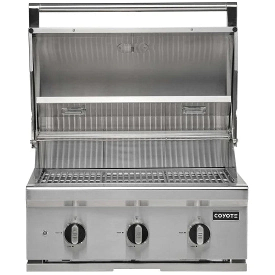 Coyote C3C30 30-inch stainless steel built-in gas grill with multiple burners and control knobs for outdoor cooking.