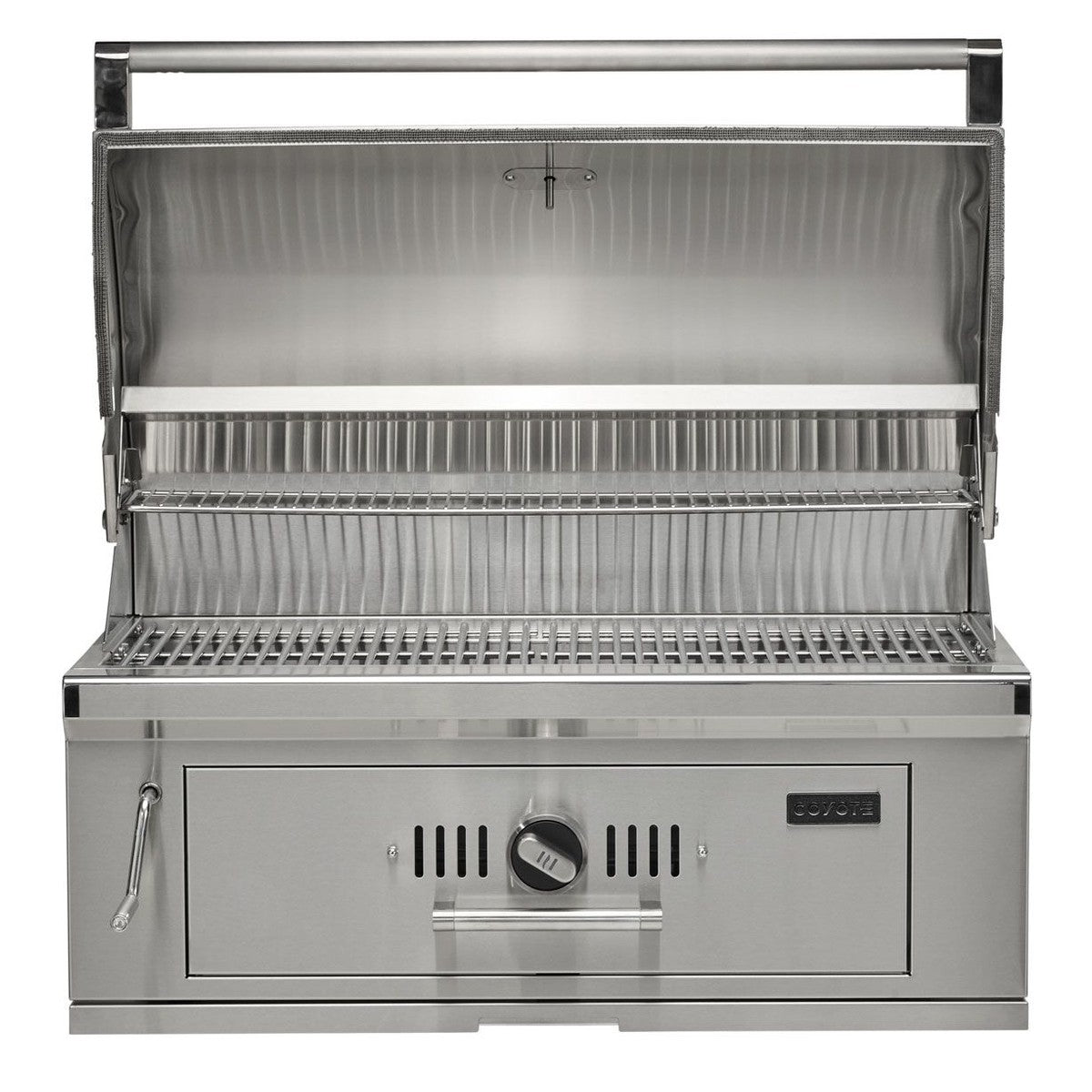 Coyote C3CH36 36-inch built-in stainless steel charcoal grill with multiple cooking grates and control knobs.