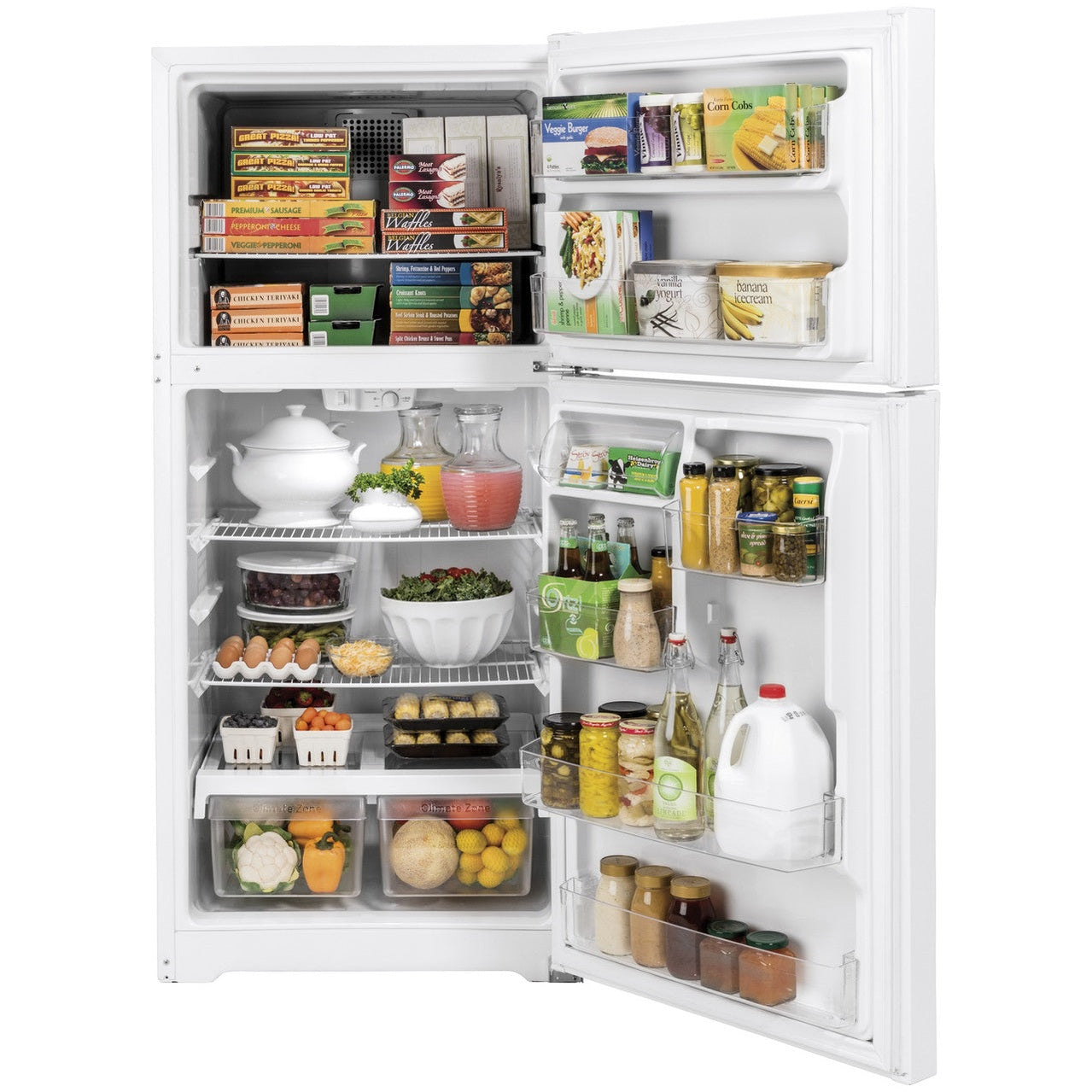 GE ENERGY STAR top freezer refrigerator in white with 19.1 cu. ft. capacity, showing the door and handle in a kitchen setting.