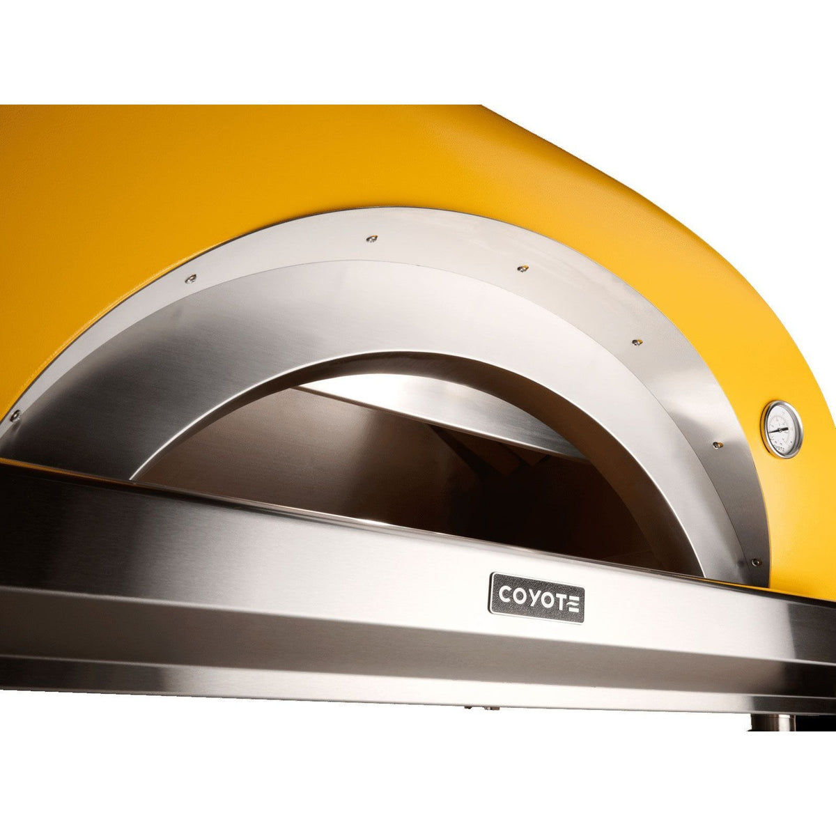 Coyote C1PZ40WY 40-inch yellow outdoor wood-fired pizza oven with a domed chimney and cooking surface for authentic pizza baking.
