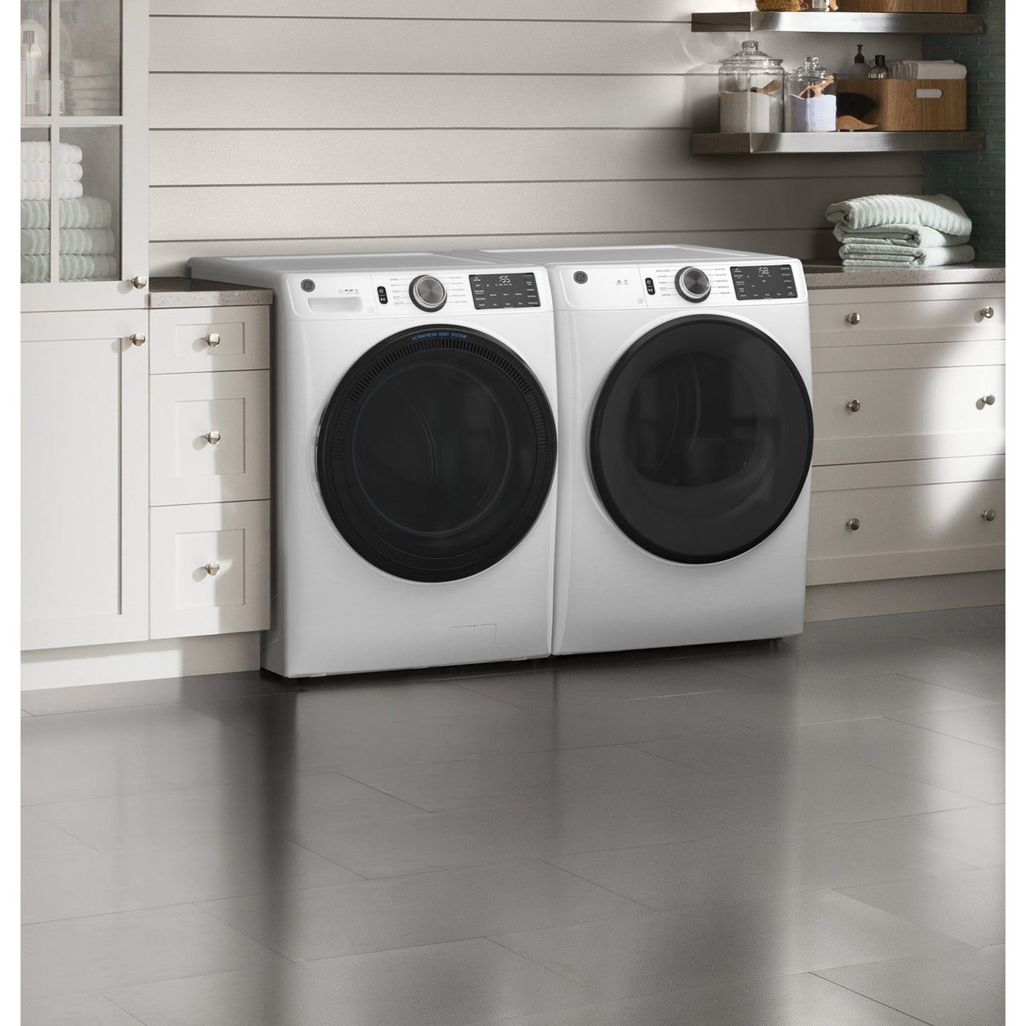 GE® ENERGY STAR® GFD55ESSNWW 7.8 cu. ft. Capacity Smart Front Load Electric Dryer with Sanitize Cycle