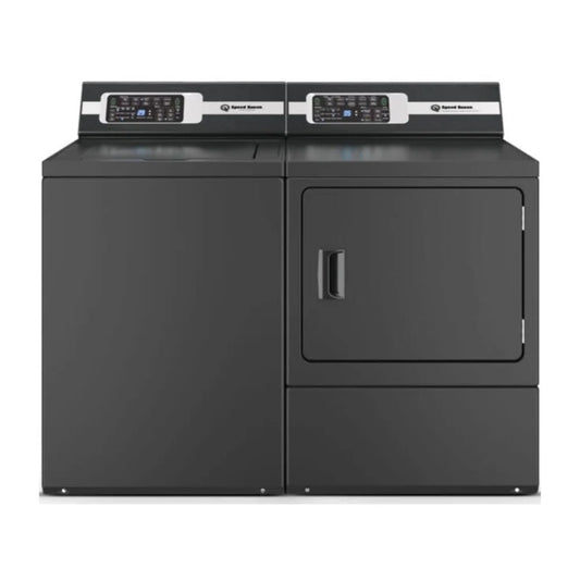 Speed Queen matte black washer and dryer pair, TR7006BN and DR7004BE, front view showing sleek laundry appliances.