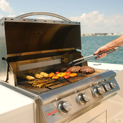 Blaze BLZ-4LTE3MG-LP/NG 32-inch marine-grade stainless steel built-in gas grill with four burners and premium LTE+ features.