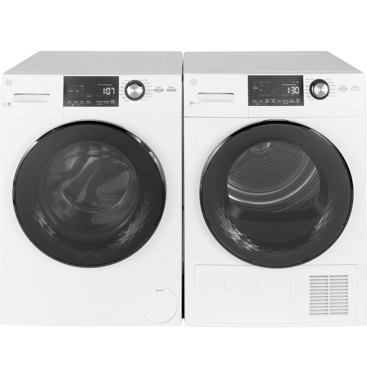 GE GFW148SSMWW Washer & GFD14ESSNWW / GFT14ESSMWW Dryer Laundry Pair – White