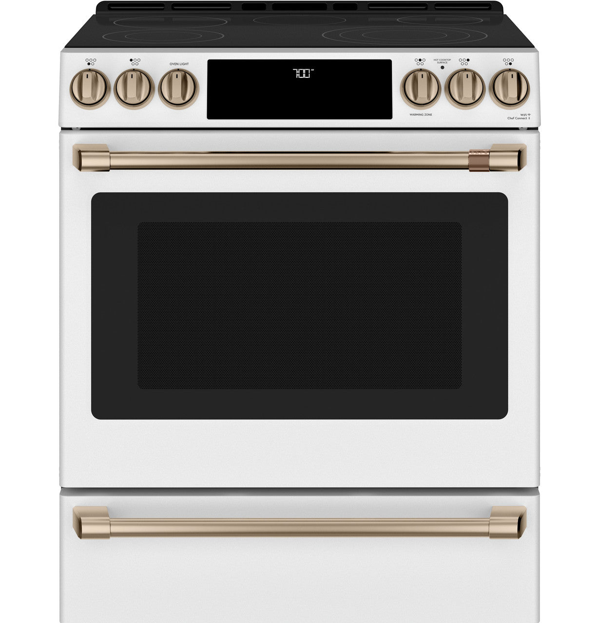 Cafe CES700P4MW2 30" Smart Slide-In Radiant and Convection Range with Warming Drawer