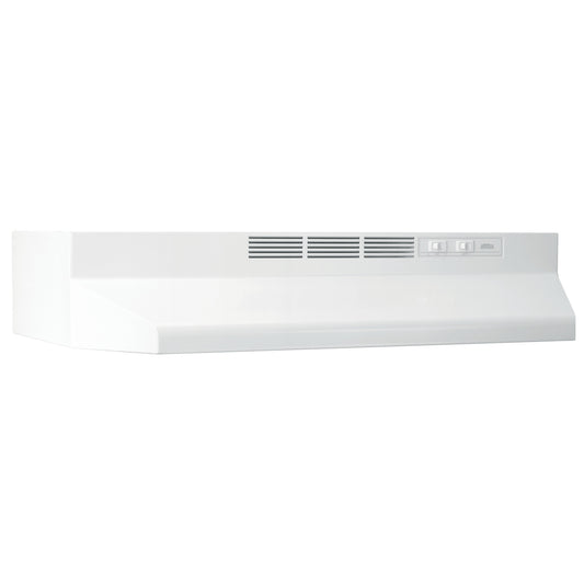 White Broan 24-inch ductless under-cabinet range hood installed beneath kitchen cabinets, with vent filters and control panel visible.