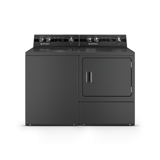 Speed Queen DC5004BE 27-inch electric dryer in matte black with Pet Plus™ sanitizing feature, front view showing controls and door.