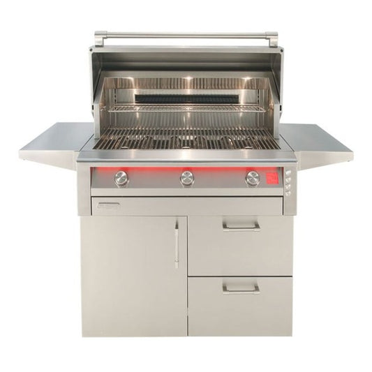 Alfresco AIPG-36C 36-inch freestanding gas grill with stainless steel construction and multiple burners for outdoor cooking.
