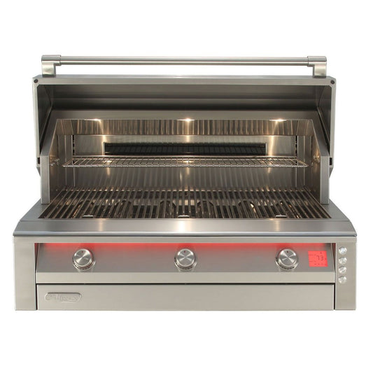 Alfresco AIPG-42 42-inch built-in gas grill with stainless steel exterior and multiple burners for outdoor cooking.