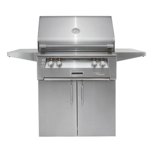 Alfresco ALXE-30SZC 30-inch freestanding gas grill with Sear Zone and rotisserie, featuring stainless steel construction and side shelves.