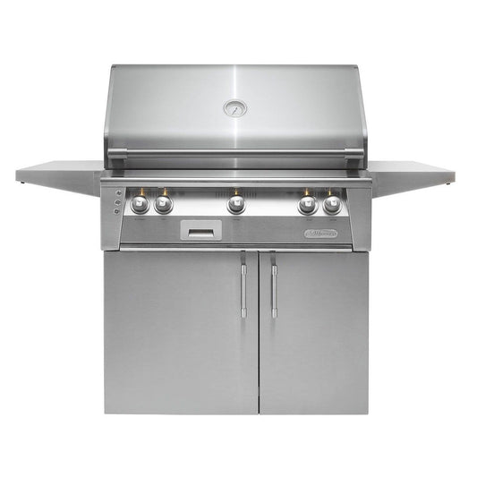 Alfresco ALXE-36SZC 36-inch freestanding gas grill with sear zone and rotisserie for outdoor cooking and grilling.