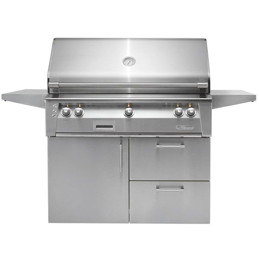 Alfresco ALXE-42SZCD 42-inch freestanding gas grill with deluxe cart and Sear Zone, featuring stainless steel construction and side shelves.