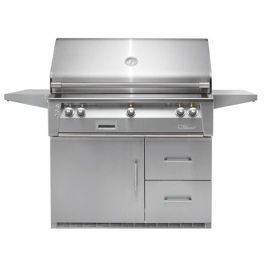 Alfresco ALXE-42SZRFG 42-inch freestanding gas grill with refrigerated cart and sear zone, stainless steel finish, and multiple burners.
