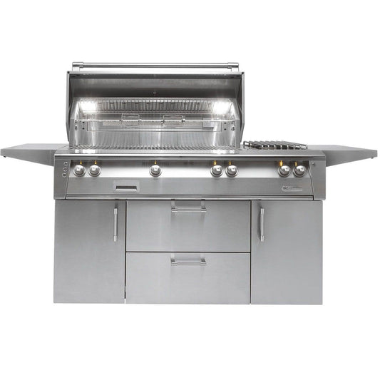 Alfresco ALXE-56SZC 56-inch freestanding gas grill with side burner and Sear Zone for outdoor cooking.