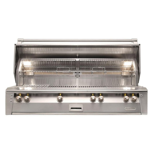 Alfresco ALXE-56BFG 56-inch built-in luxury gas grill with multiple burners and sear zone, ideal for outdoor cooking.