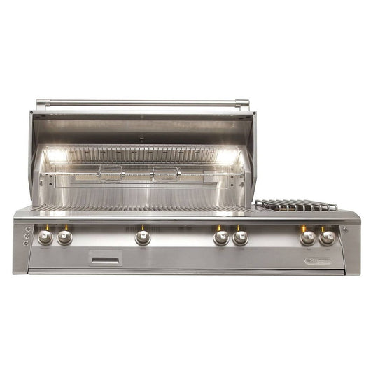 Alfresco ALXE-56 56-inch built-in luxury gas grill with dual side burners, stainless steel construction, and multiple cooking zones.