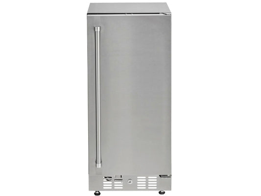Coyote C115R-S 15-inch stainless steel outdoor built-in compact refrigerator showing sleek front view and stainless steel finish.