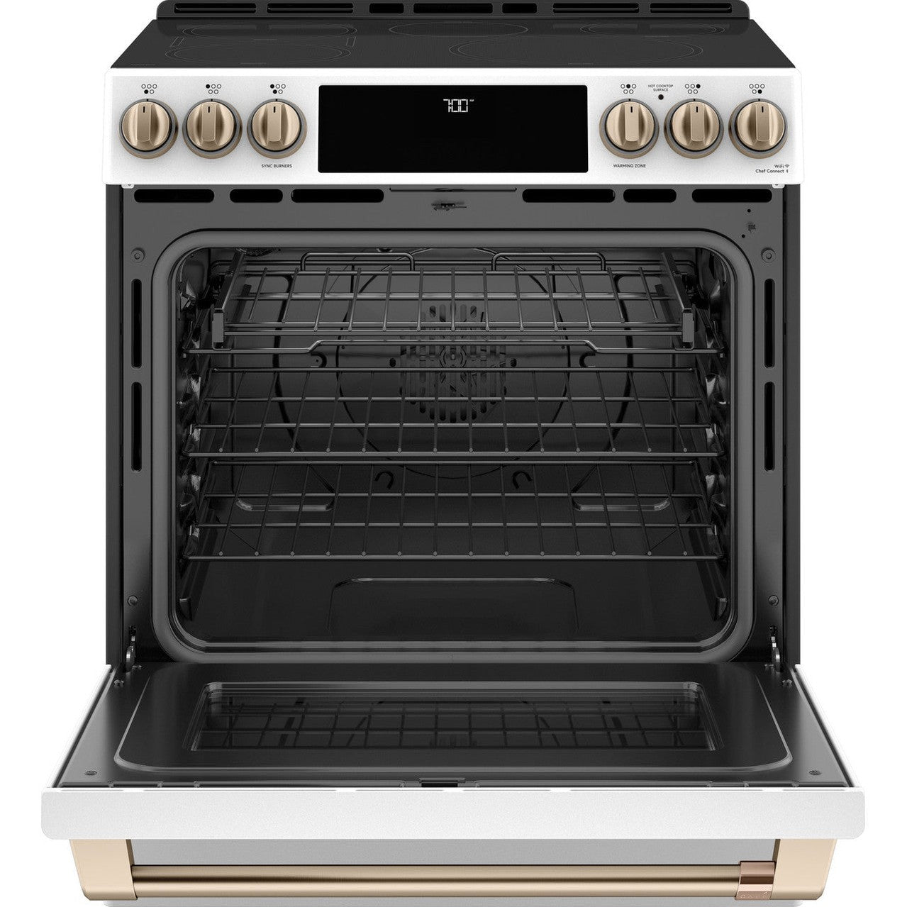 Cafe CES700P4MW2 30" Smart Slide-In Radiant and Convection Range with Warming Drawer