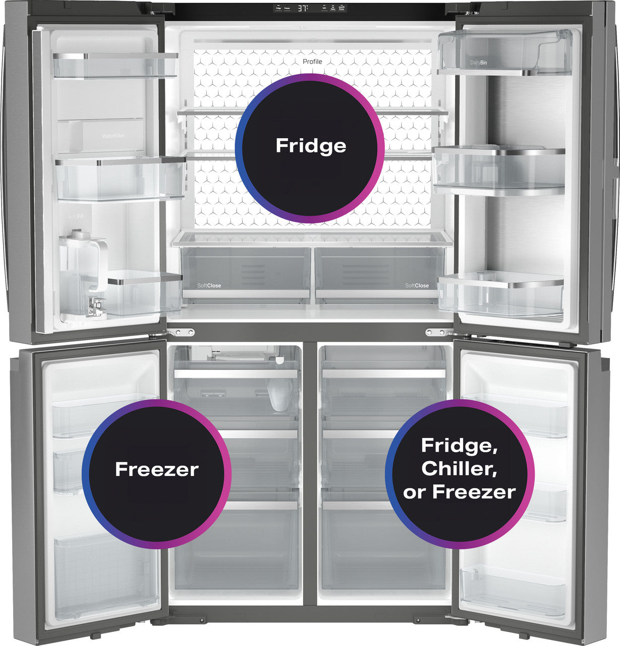 GE Profile PHD23BYWFS 36" Counter-Depth Quad-Door Refrigerator with AutoFill Pitcher - Stainless Steel