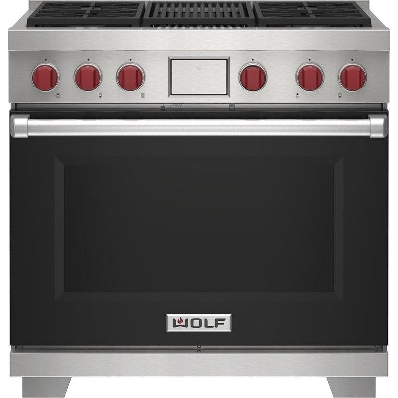 Wolf 36" Dual Fuel Range - 4 Burners and Infrared Charbroiler DF36450C/BK/P - Black
