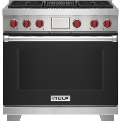 Wolf 36" Dual Fuel Range - 4 Burners and Infrared Charbroiler DF36450C/BK/P - Black