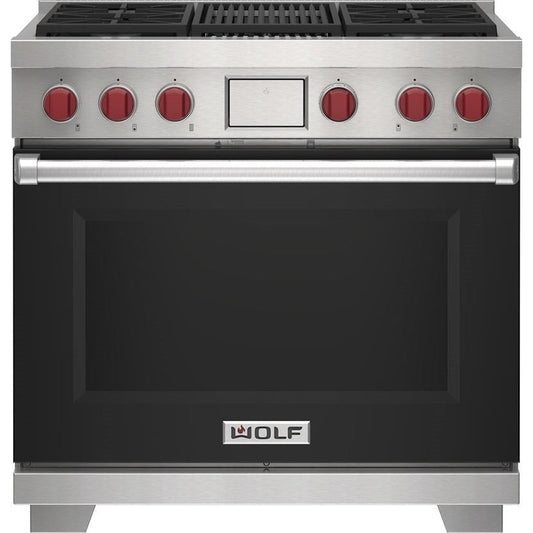 Wolf 36" Dual Fuel Range - 4 Burners and Infrared Charbroiler DF36450C/BK/P - Black