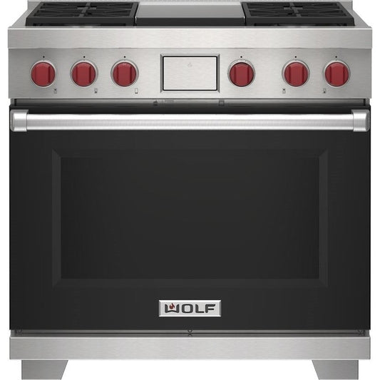 Wolf 36" Dual Fuel Range - 4 Burners and Infrared Griddle DF36450G/BK/P - Black