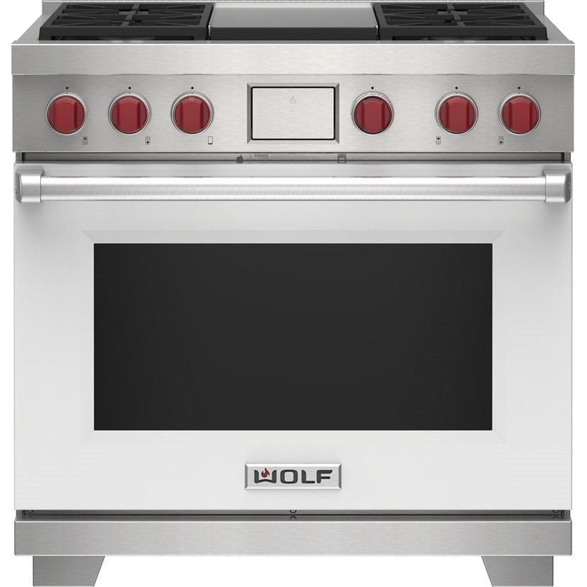 Wolf 36" Dual Fuel Range - 4 Burners and Infrared Griddle DF36450G/WH/P - White