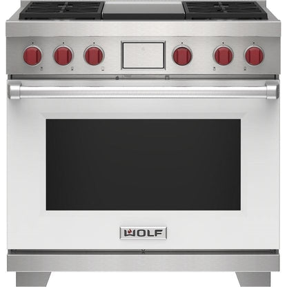 Wolf 36" Dual Fuel Range - 4 Burners and Infrared Griddle DF36450G/WH/P - White