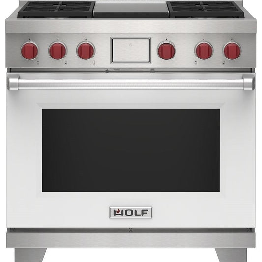 Wolf 36" Dual Fuel Range - 4 Burners and Infrared Griddle DF36450G/WH/P - White