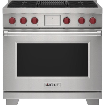 Wolf 36" Dual Fuel Range - 4 Burners and Infrared Charbroiler DF36450C/S/P