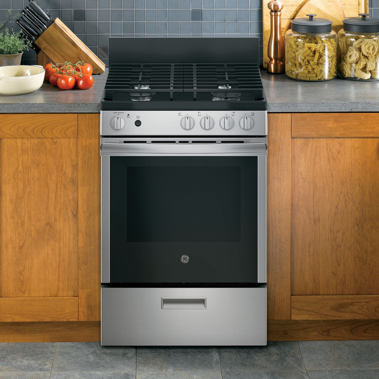 GE JGAS640RMSS 24" Free-Standing / Slide-In Front-Control Gas Range with Steam Clean – Stainless Steel
