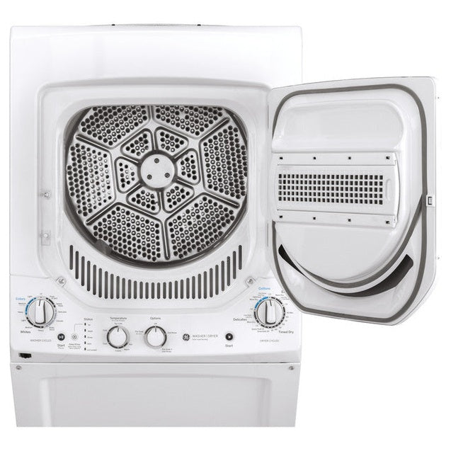 GE® GUD24ESSMWW 24-inch electric laundry center in white, featuring washer and dryer combo with control panel and load door.