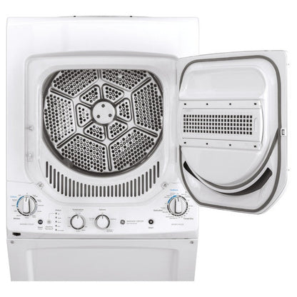 GE® GUD24ESSMWW 24-inch electric laundry center in white, featuring washer and dryer combo with control panel and load door.