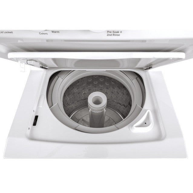 GE Appliances GUD24ESSMWW 24-inch white electric laundry center with washer and dryer units side by side