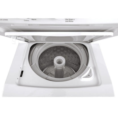GE Appliances GUD24ESSMWW 24-inch white electric laundry center with washer and dryer units side by side