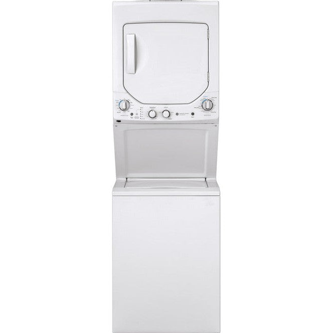 GE® GUD24ESSMWW 24-inch electric laundry center with washer and dryer in white, compact unitized design by GE appliances.