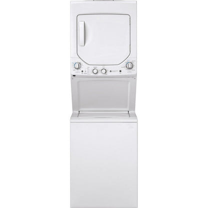 GE® GUD24ESSMWW 24-inch electric laundry center with washer and dryer in white, compact unitized design by GE appliances.