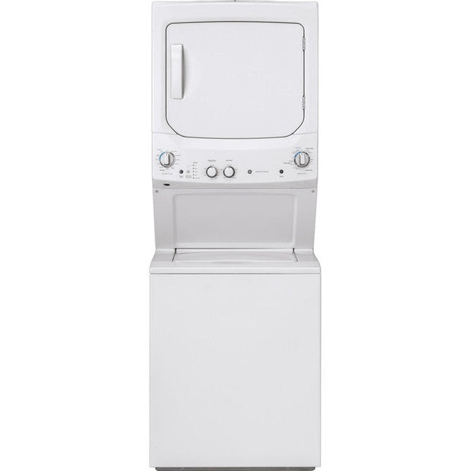 GE Appliances GUD27ESSMWW 27-inch electric laundry center with white finish, featuring washer and dryer stacked units.