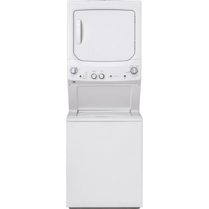 GE Appliances GUD27ESSMWW 27-inch electric laundry center with white finish, featuring washer and dryer stacked units.