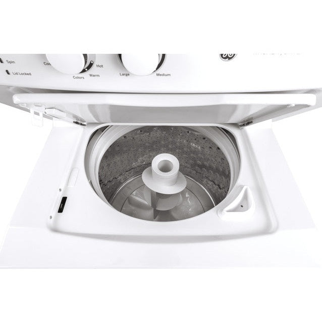 GE GUD27ESSMWW 27-inch white electric laundry center with washer and dryer units in a compact, unitized design.