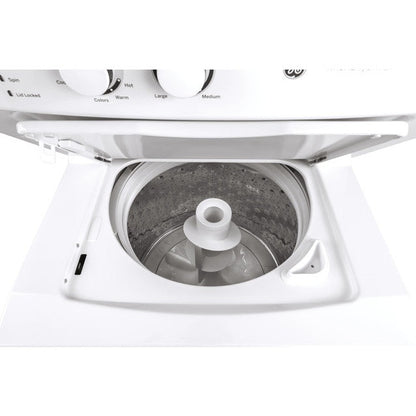 GE GUD27ESSMWW 27-inch white electric laundry center with washer and dryer units in a compact, unitized design.