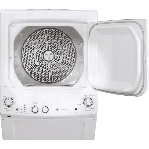 GE GUD27ESSMWW 27-inch white electric laundry center with washer and dryer stacked unit for efficient laundry space.