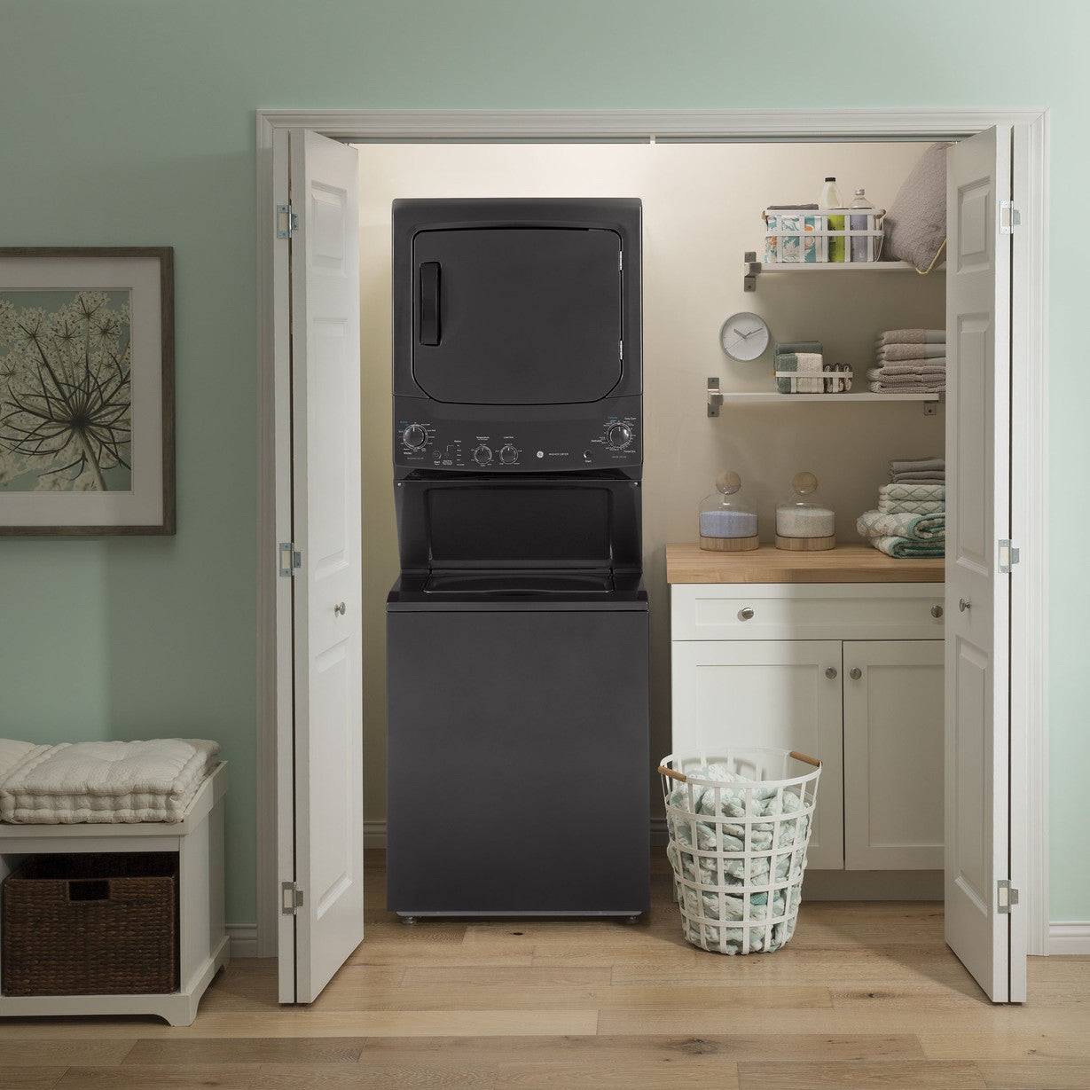 GE GUD27GSPMDG 27" Unitized Spacemaker® Laundry Center with Gas Dryer 3.8 Cu. Ft. Washer / 5.9 Cu. Ft. Dryer – Diamond Grey