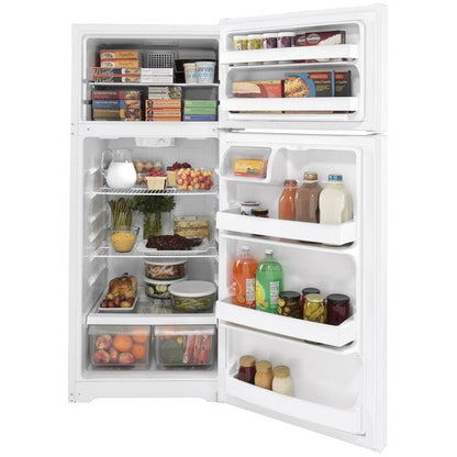 GE ENERGY STAR 17.5 cu ft white top-freezer refrigerator showing the door and freezer compartment with handle and interior shelves.