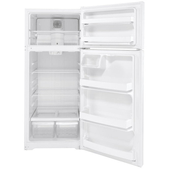 White GE ENERGY STAR 17.5 Cu. Ft. top-freezer refrigerator with freezer on top and interior shelves.