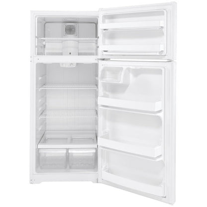 White GE ENERGY STAR 17.5 Cu. Ft. top-freezer refrigerator with freezer on top and interior shelves.