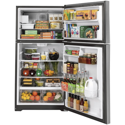 GE appliances 28-inch top-freezer refrigerator in fingerprint-resistant stainless steel, showing the sleek exterior and freezer compartment.