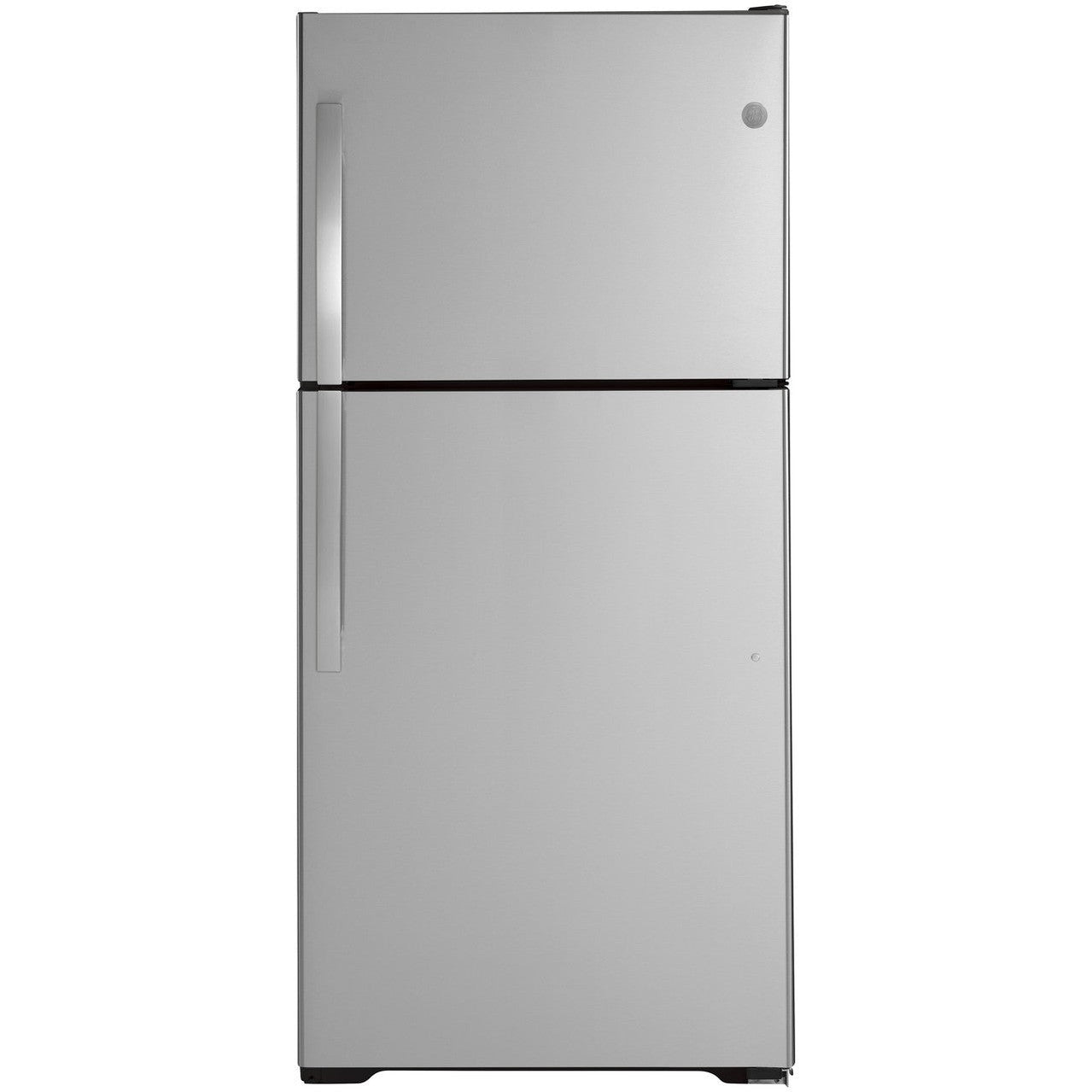 GE appliances 28-inch top-freezer refrigerator in fingerprint-resistant stainless steel, showing sleek exterior and handle details.
