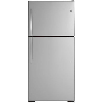 GE appliances 28-inch top-freezer refrigerator in fingerprint-resistant stainless steel, showing sleek exterior and handle details.
